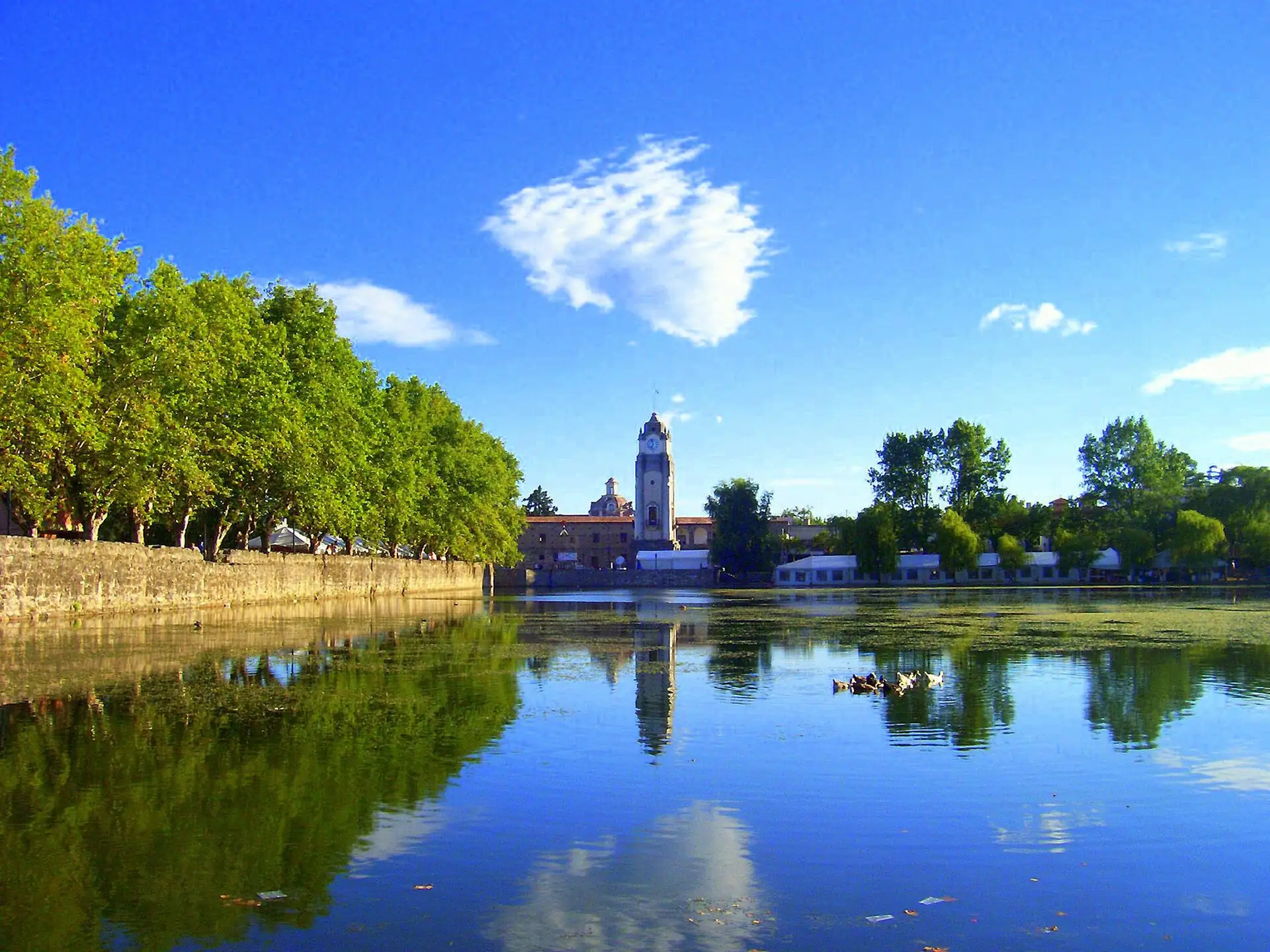 Tajamar reservoir reflecting Alta Gracia clock tower and trees