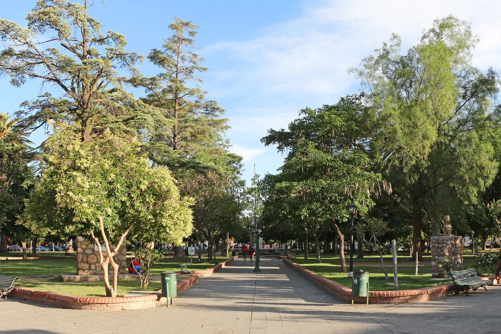 Trees, walkways and benches in Cafayate Plaza 20 de Febrero