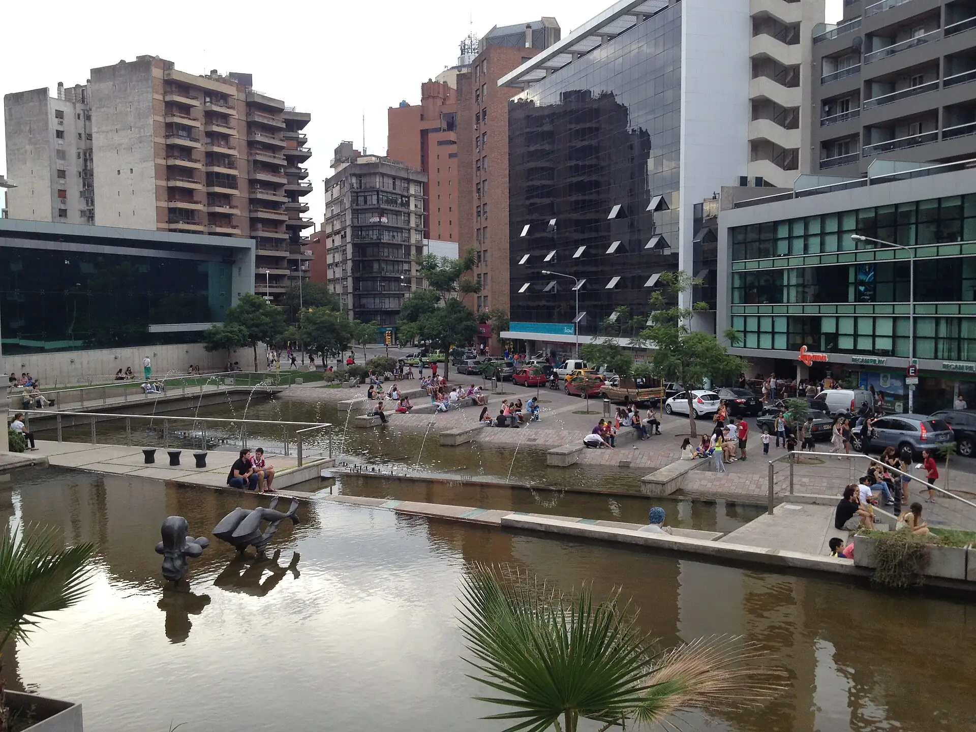 The fountain and surrounding buildings at Paseo del Buen Pastor, Córdoba, Argentina