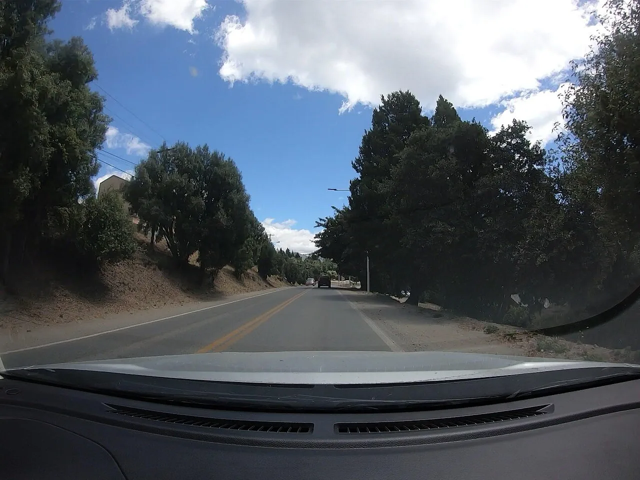 Street and trees photographed inside Playa Bonita in Bariloche