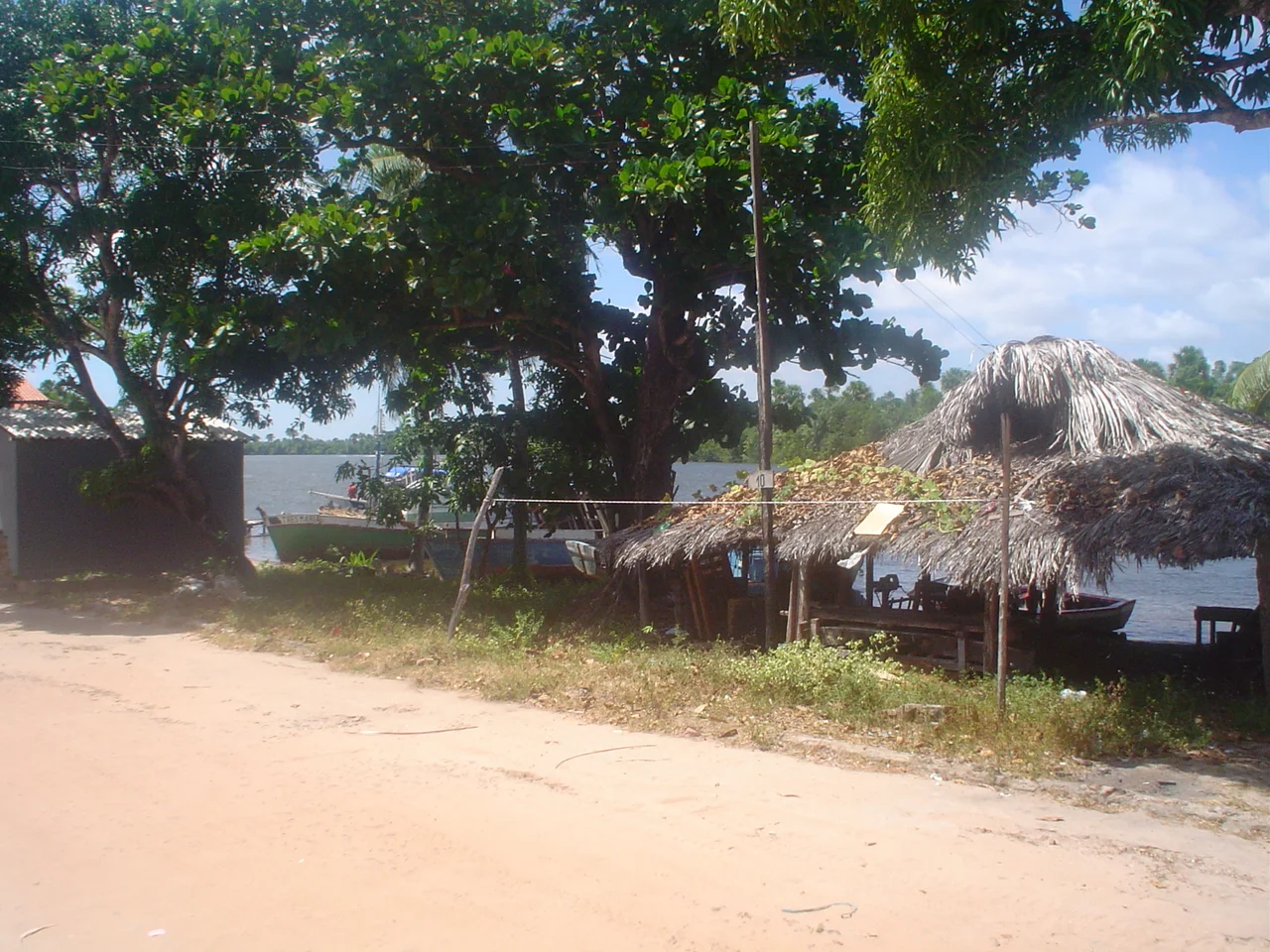 Trees, riverside thatched structures and boats beside the Preguiças River in Barreirinhas