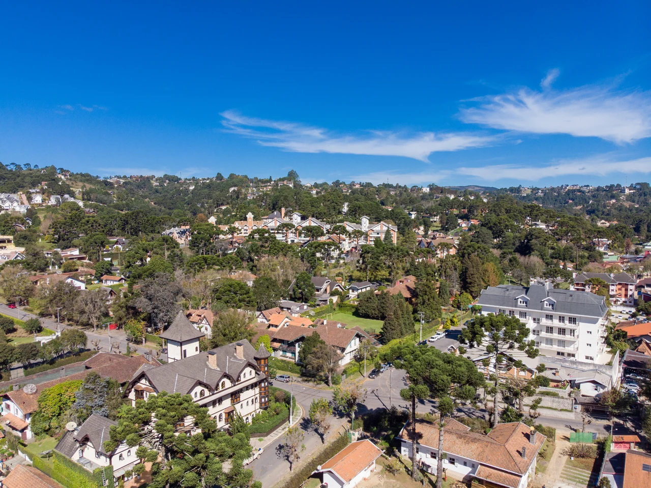 Historical aerial view of rooftops and streets around Vila Capivari, with wooded hills beneath a blue sky and white clouds