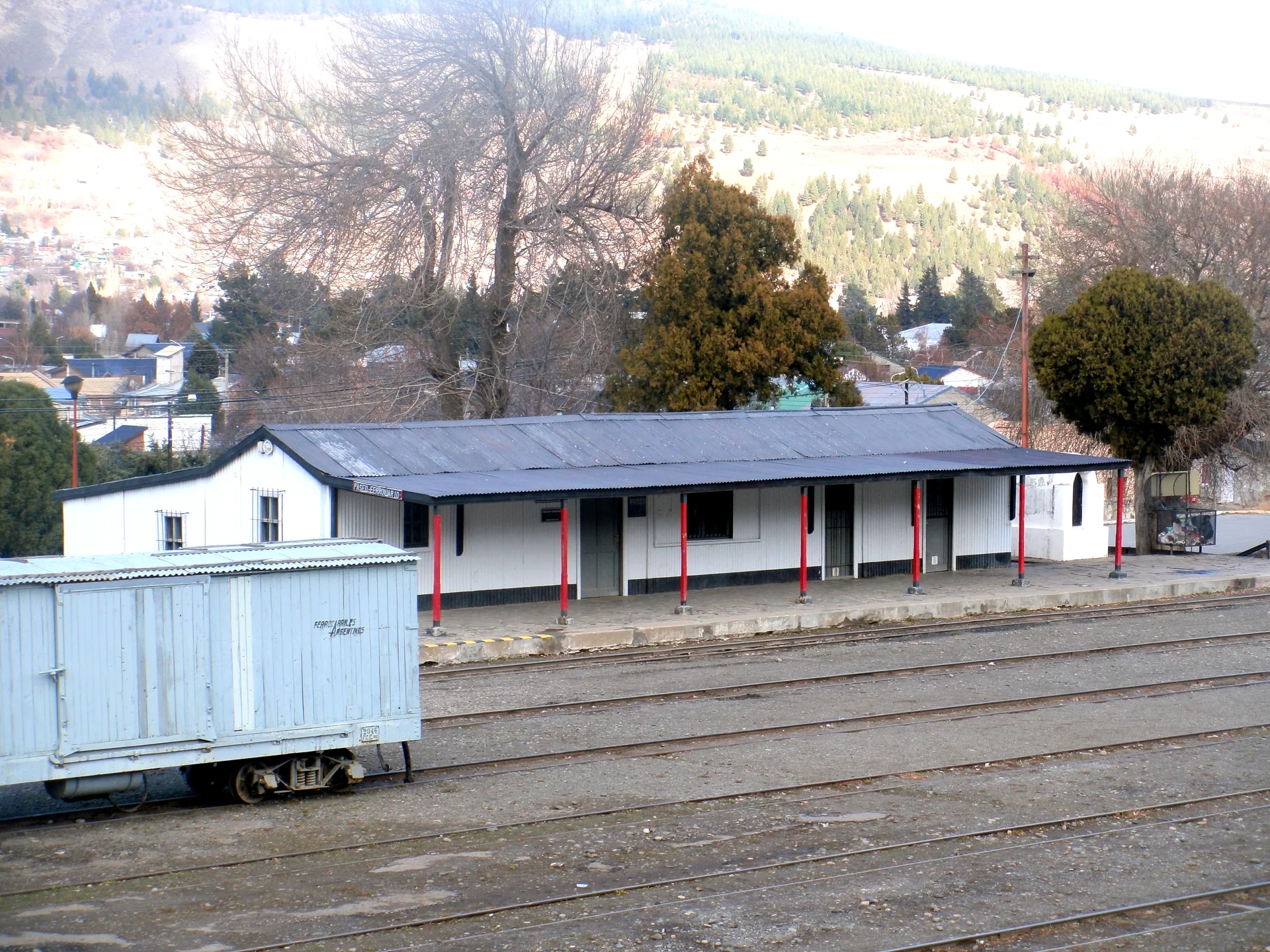 Esquel's former station building beside railway tracks