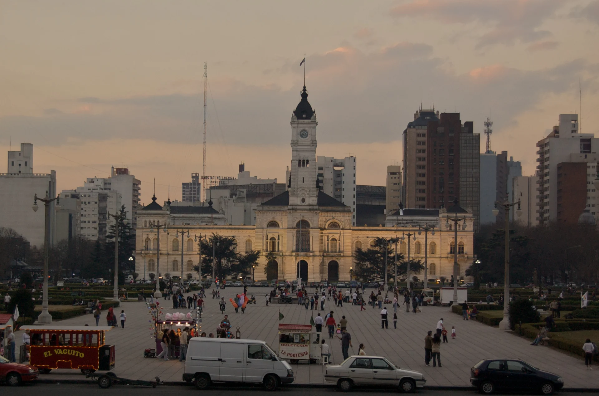La Plata City Hall beyond Plaza Moreno at dusk