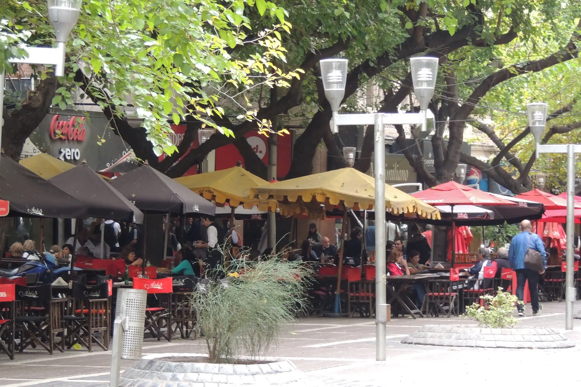 Outdoor tables and trees along Peatonal Sarmiento in Mendoza