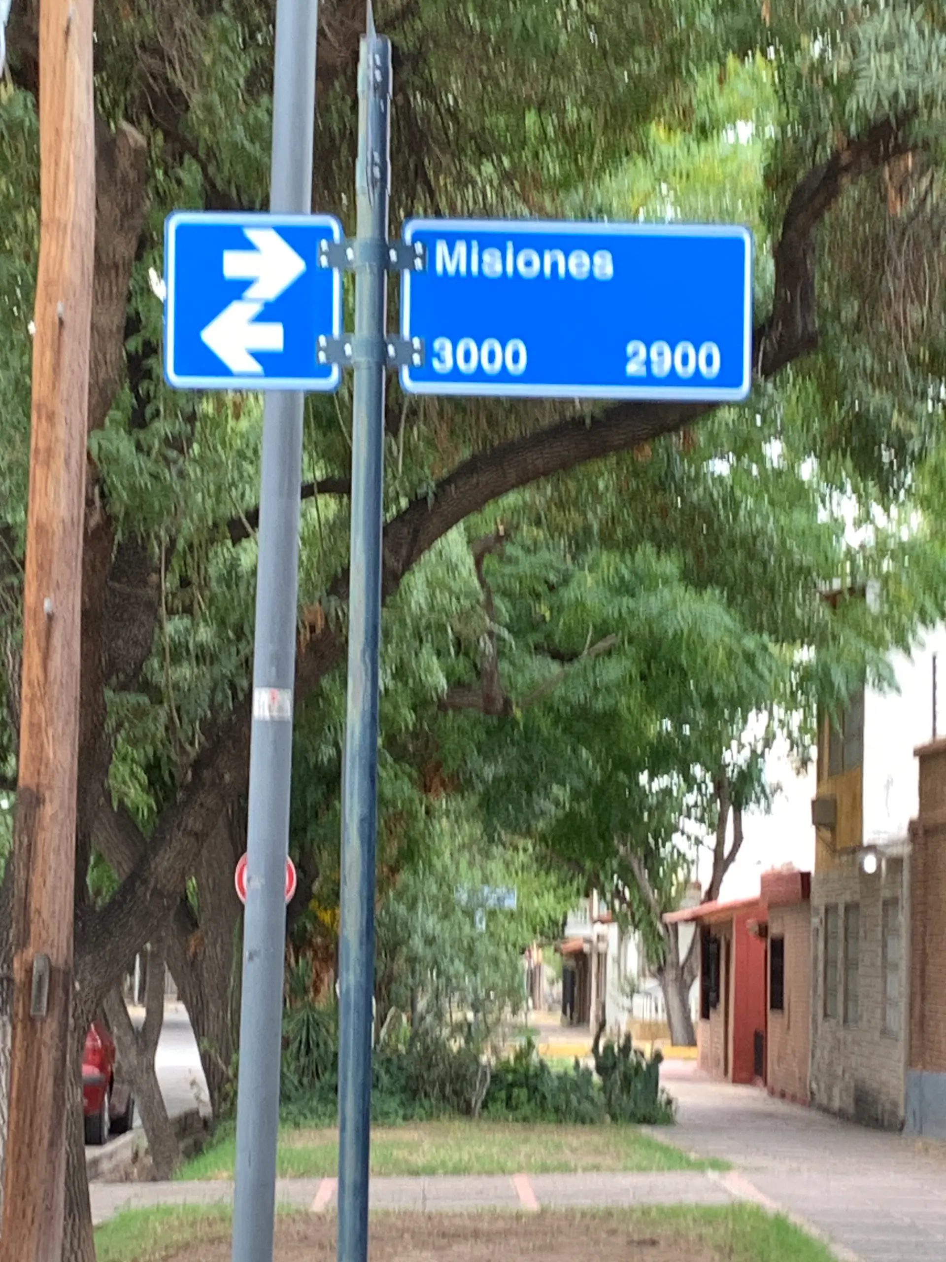 Misiones street sign, homes and trees in Sexta Secciรณn