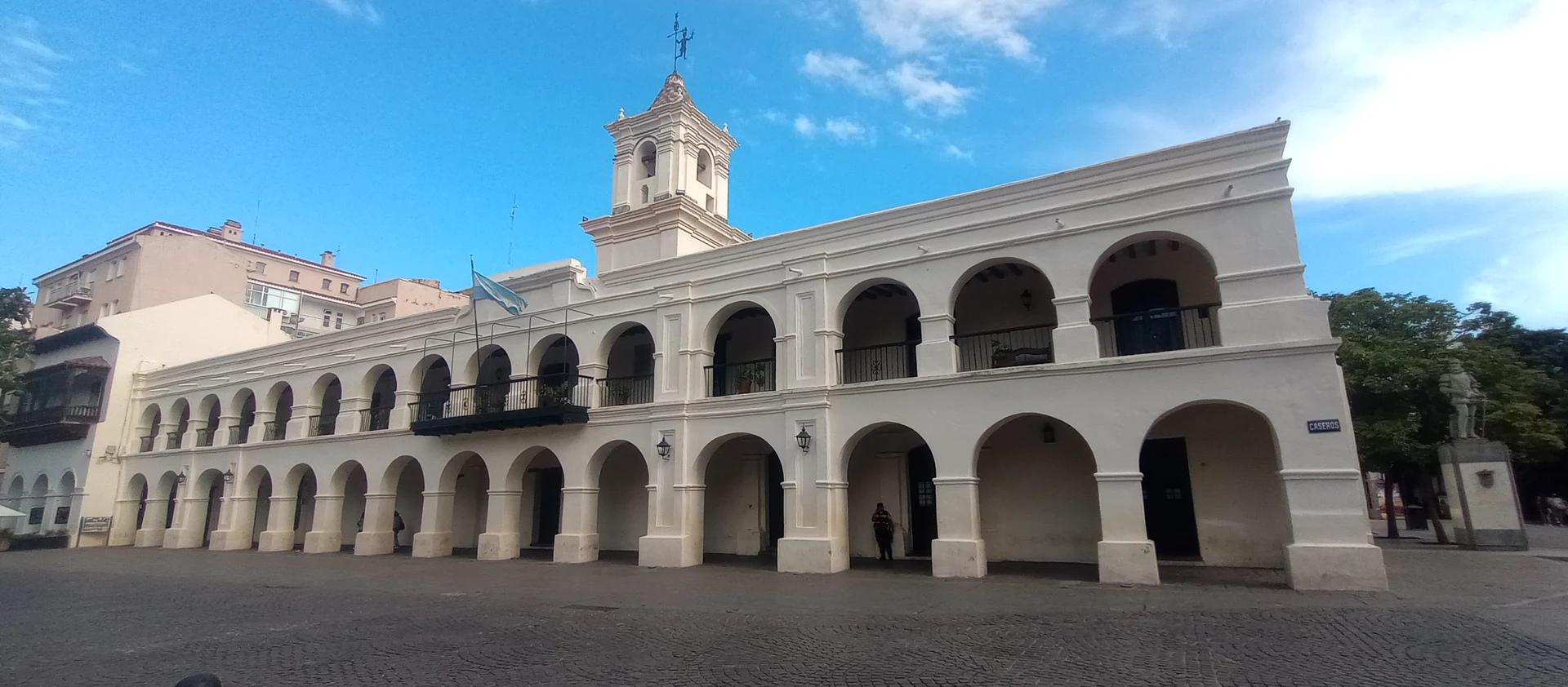 White arches and tower of the Cabildo beside Salta main square