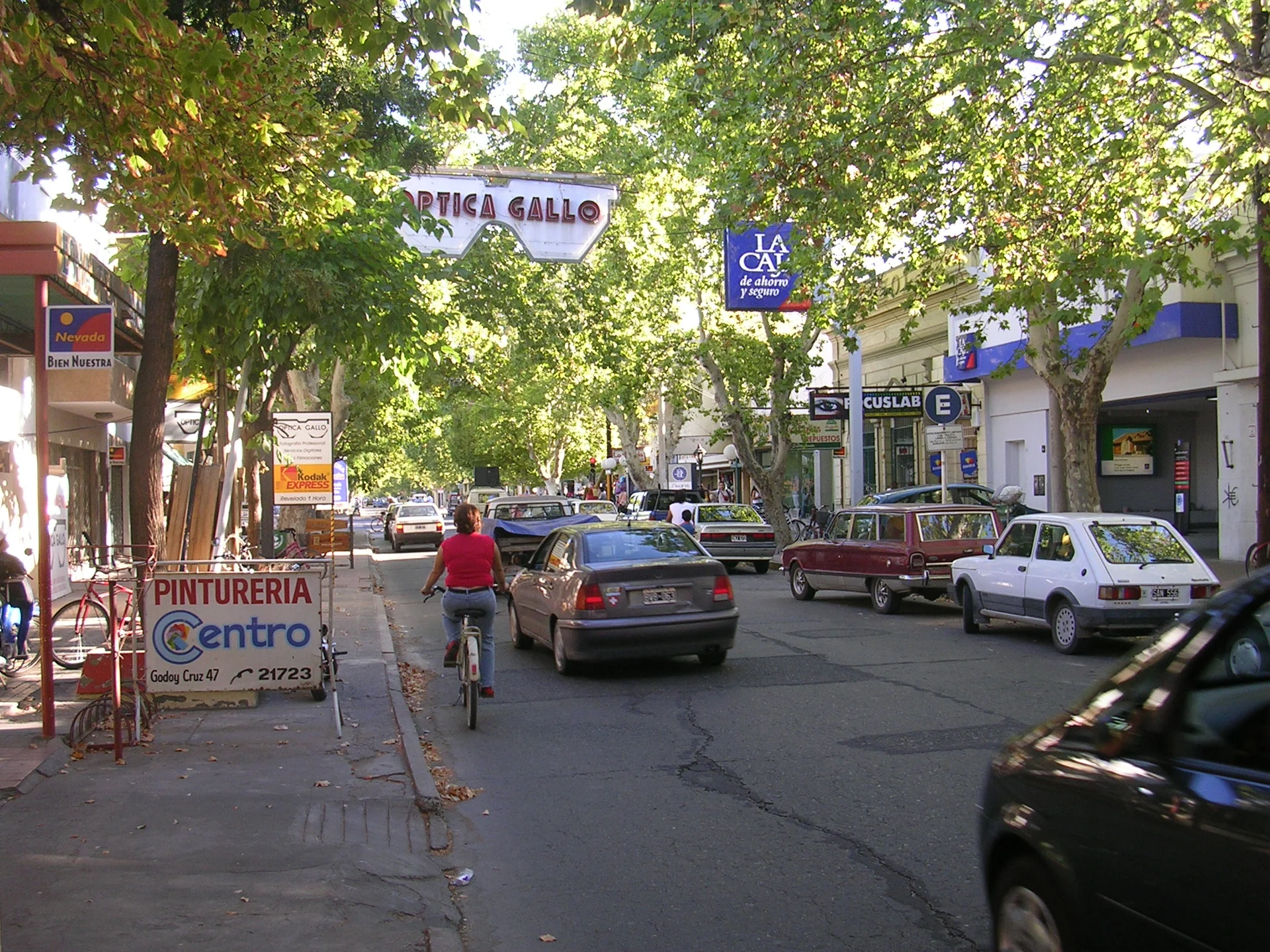 Trees, shops, cars and a cyclist on a San Rafael street in March 2006